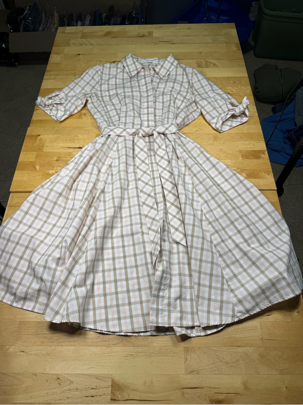 Calvin Klein Beige and Pink Plaid Midi Belted Shirt Dress